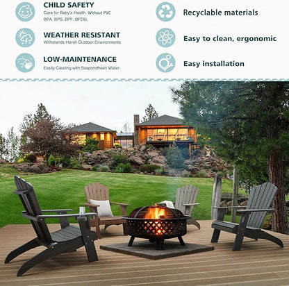 Psilvam Oversized Adirondack Chair, Fade-Resistant & Odor-Free Poly Lumber Fire Pit Chairs with Cup Holder, Weatherproof Outdoor Chair, Easy 15 Min Install Patio Chair, 350 Lbs Support (4, Gray)