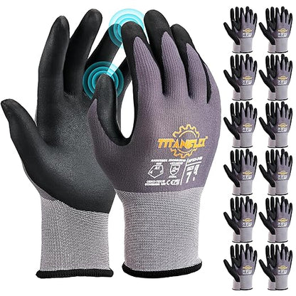 TitanFlex Work Gloves Microfoam Nitrile Coated Men Women-12 Pairs, Safety Warehouse Gloves Mens Working Glove with Grip Heavy Duty, Touchscreen, Seamless Knit Nylon for Automotive, Garden (Medium)