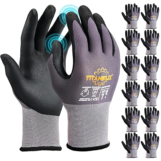 TitanFlex Work Gloves Microfoam Nitrile Coated Men Women-12 Pairs, Safety Warehouse Gloves Mens Working Glove with Grip Heavy Duty, Touchscreen, Seamless Knit Nylon for Automotive, Garden (X-Large)