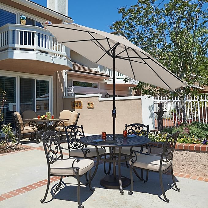 California Umbrella 7.5' Round Aluminum Outdoor Deck, Pool or Patio Umbrella, Crank Lift, Auto Tilt, Bronze Pole, Woven Granite