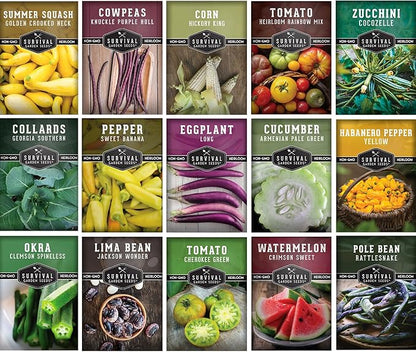 Southern Vegetable Seeds Collection – 15 Heirloom Heat Loving Vegetables Variety Pack for Planting – Okra, Collard Greens, Purple Hull Peas, Dent Corn – Survival Garden Seeds
