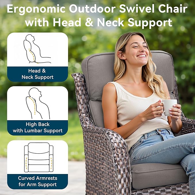 Luxury High Back Outdoor Swivel Rocker Patio Chairs with Side Table & 6-Inch Thick Cushions, 2 Pieces Patio Furniture Set for Porch, Balcony, Deck and Yard