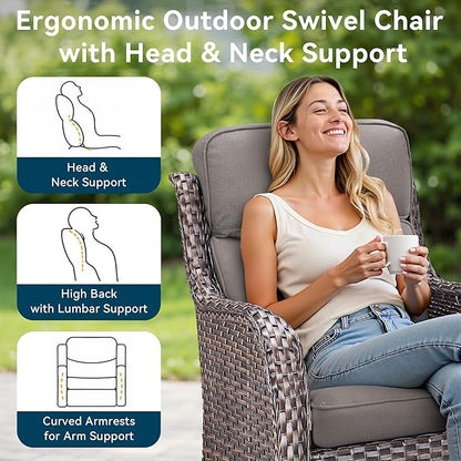 Luxury High Back Outdoor Furniture with 6-Inch Thick Cushions, Patio Furniture Set with Swivel Chairs, 6 PCS Wicker Conversation Set for Porch, Balcony, Deck and Yard