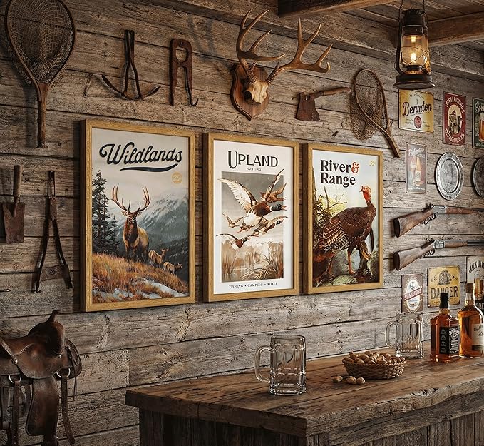 3Pcs Framed Wild Animal Canvas Wall Art Nature Wilderness Deer Wild Duckturkey Wall Decor Pictures Hunting Outdoorsy Cabin Posters Prints Gift Hunter Dad for Living Room Bedroom Home Decoration