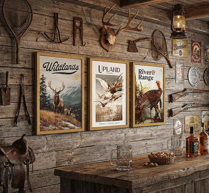3Pcs Framed Wild Animal Canvas Wall Art Nature Wilderness Deer Wild Duckturkey Wall Decor Pictures Hunting Outdoorsy Cabin Posters Prints Gift Hunter Dad for Living Room Bedroom Home Decoration