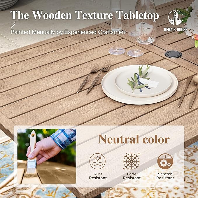 HERA'S HOUSE Patio Table and Chairs Set 7 Pieces, Wood-Like Outdoor Metal Dining Furniture Sets for Backyard Lawn Deck