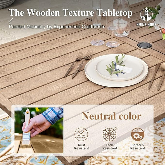 HERA'S HOUSE Patio Table and Chairs Set 7 Pieces, Wood-Like Outdoor Metal Dining Furniture Sets for Backyard Lawn Deck