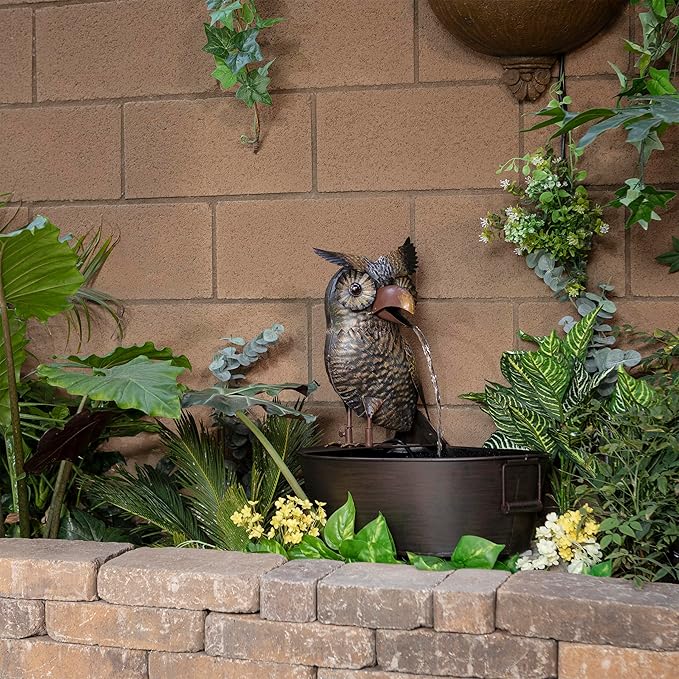 Alpine Corporation NCY294 23" Outdoor Floor Soothing Metal Water Fountain, Vintage Owl Garden Water Feature with Cascading Water for Patio & Backyard Décor, Brown