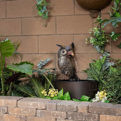 Alpine Corporation NCY294 23" Outdoor Floor Soothing Metal Water Fountain, Vintage Owl Garden Water Feature with Cascading Water for Patio & Backyard Décor, Brown