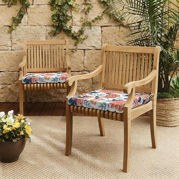 LVTXIII Outdoor Seat Cushions Seasonal Replacement Chair Cushions, Patio Chair Pads with Ties for Dining Chairs and Garden Furniture, Square Back, 19"x19"x2", 4 Pack, Red Chrysanthemum