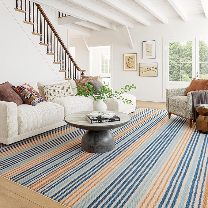 Dash & Albert Tyne Blue Machine Washable Rug, Runner-2.5 X 8 Feet, Blue/Tan Stripe Pattern