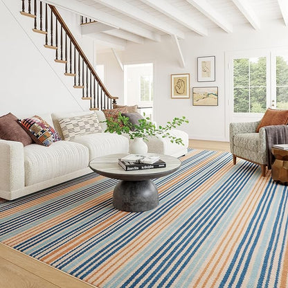 Dash & Albert Tyne Blue Machine Washable Rug, 2 X 3 Feet, Blue/Tan Stripe Pattern