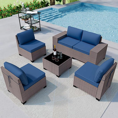 6PCS Outdoor Patio Furniture Set,PE Rattan Wicker Patio Conversation Set with Washable Cushions & Glass Coffee Table,Patio Sectional Furniture Set for Garden, Poolside, Backyard,Navy