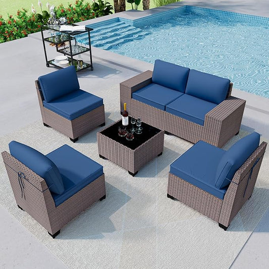 6PCS Outdoor Patio Furniture Set,PE Rattan Wicker Patio Conversation Set with Washable Cushions & Glass Coffee Table,Patio Sectional Furniture Set for Garden, Poolside, Backyard,Navy