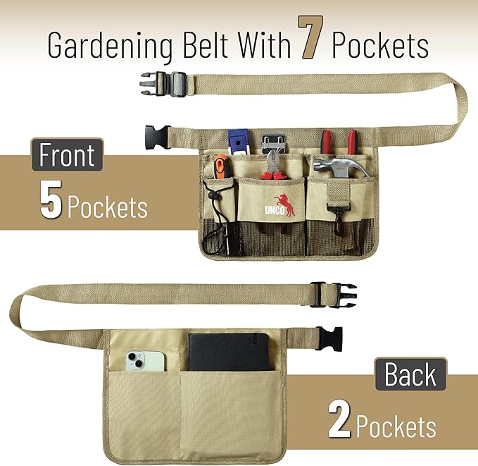 UNCO- Adjustable Gardening Belt, Khaki, 7 Pockets, Wear, Cut and Water Resistant, Garden Tool Belt Pouch, Waist Apron with Pockets