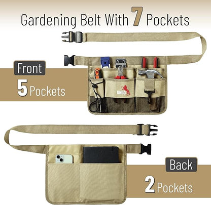 UNCO- Adjustable Gardening Belt, Khaki, 7 Pockets, Wear, Cut and Water Resistant, Garden Tool Belt Pouch, Waist Apron with Pockets