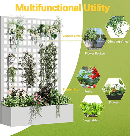 Metal Planter Box with Trellis, 71"x 47"x 16" Raised Garden Bed with Trellis, Planter Box Trellis with Privacy Screen and Drainage Holes, White