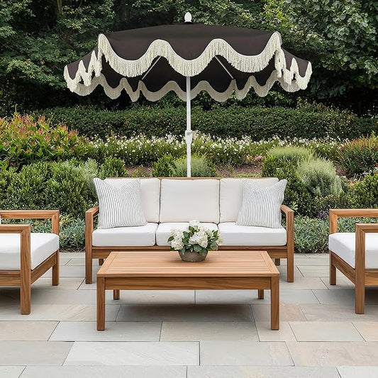 JONATHAN Y UMB1001 Collins 9 ft. Classic Cottage Tassel Market Patio Umbrella with Auto-Tilt, Crank, Wind Vent and UV Protection