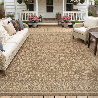 MontVoo-Outdoor Rug-Patio Rug 9x12 ft Polypropylene Indoor Outdoor Rugs Carpet for Patio Deck Balcony Porch, Textured Weave, Durable for High Traffic, Fade-Resistant, Vintage Medallion Neutral Brown