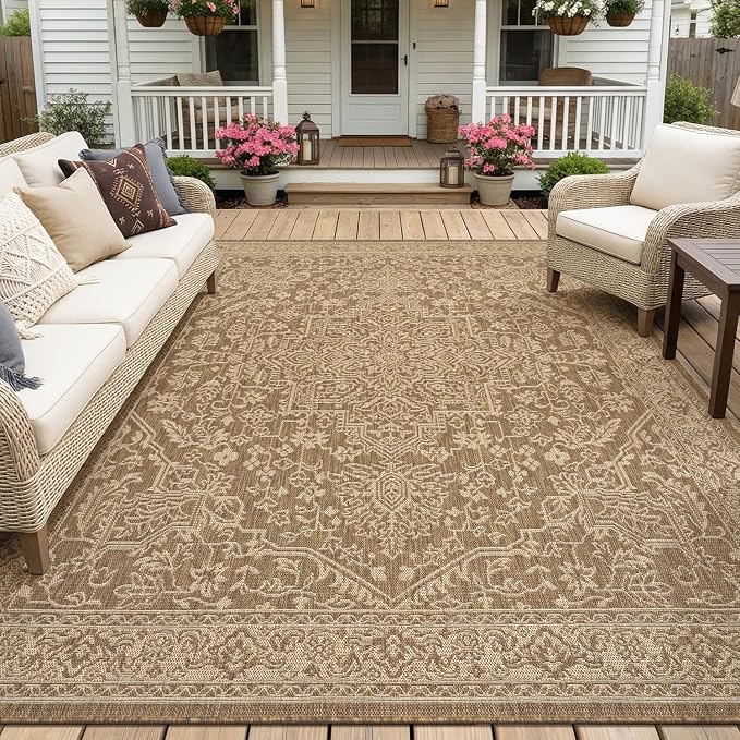 MontVoo-Outdoor Rug-Patio Rug 8x10 Polypropylene Indoor Outdoor Rugs Carpet for Patio Deck Balcony Porch, Textured Weave, Durable for High Traffic, Fade-Resistant, Vintage Medallion Neutral Brown