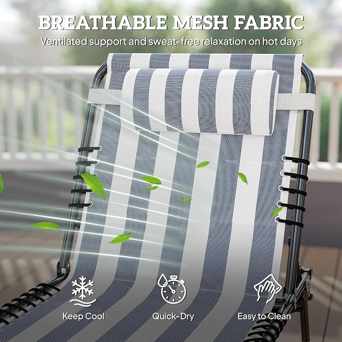 Outsunny Folding Chaise Lounge Chair Outdoor Set of 2 Mesh Seat Blue/White | Foldable, Sun Tanning Chair, Chaise Lounger, 4-Position Reclining Back, for Outside Patio Beach Poolside Backyard