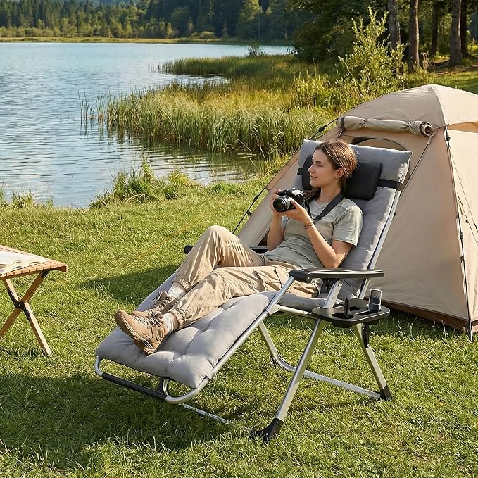 Alpen Premium Outdoor Chaise Lounge Chairs, Zero Gravity Chair with Removable Cushion and Headrest, Lawn Chair with Cup Holder for Reading and Camping, Grey