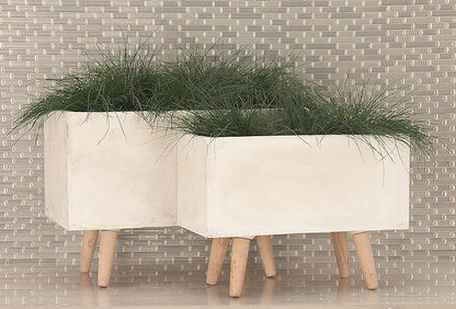 Deco 79 Fiberclay Ceramic Indoor Outdoor Planter Rectangular Large Planter Pot with Brown Wooden Legs, Set of 2 Planters 21", 17"W, White
