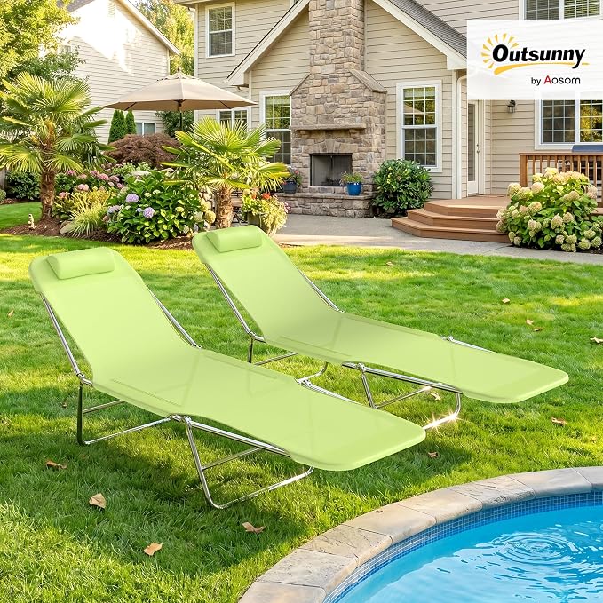 Outsunny Folding Chaise Lounge Pool Chair Set of 2, Outdoor Sun Tanning Chairs with Pillow, Reclining Back, Steel Frame & Breathable Mesh for Beach, Yard, Patio, Green