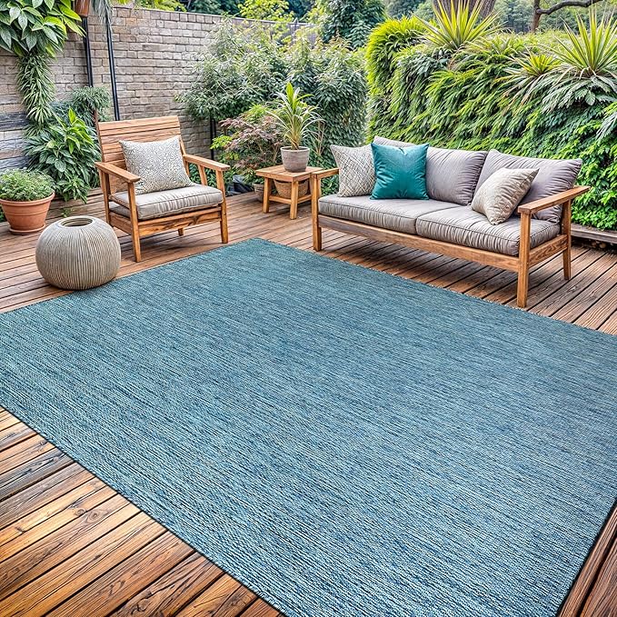 Washable Indoor Outdoor Rug Weather Resistant Carpet Modern Solid for Porch Deck Balcony Backyard Patio Rug 10x14 Aqua Blue