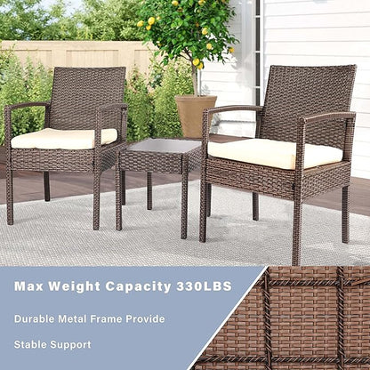 3 Piece Outdoor Patio Furniture Sets, Rattan Conversation Set with Soft Cushion, Wicker Chairs with Coffee Table for Yard Backyard Lawn Porch Poolside Balcony, Beige