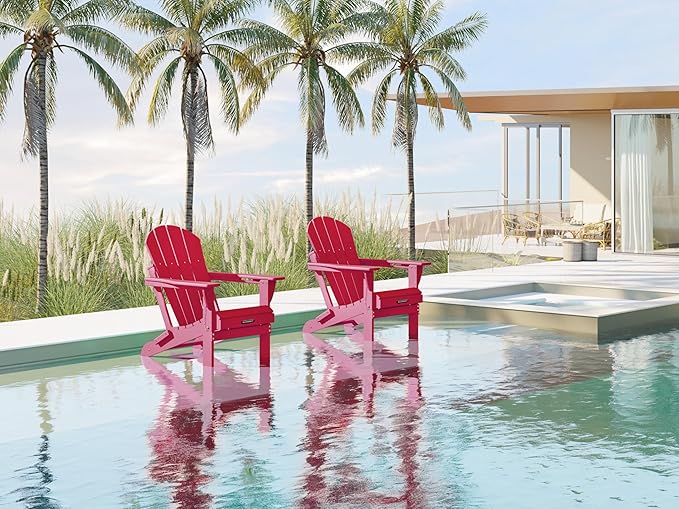 MUCHENGHY Folding Adirondack Chairs Set of 2, Patio Chairs, Lawn Chairs, Outdoor Chairs, Adirondack Chair Plastic, Fire Pit Chairs, Weather Resistant with Cup Holder for Deck, Backyard, Garden(Red)