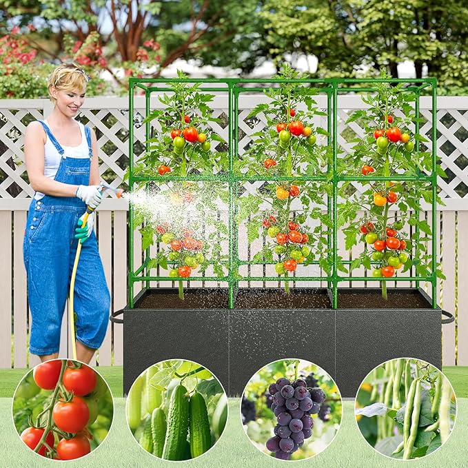 51x17x49 Inch Garden Tomato Cages Planter with 46 Gallon Grow Bags, Square Plant Support Trellis,for Vertical Climbing Plants Vegetables Fruits Flowers Outdoor Gardening Supplies