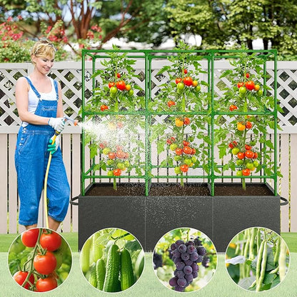 51x17x49 Inch Garden Tomato Cages Planter with 46 Gallon Grow Bags, Square Plant Support Trellis,for Vertical Climbing Plants Vegetables Fruits Flowers Outdoor Gardening Supplies