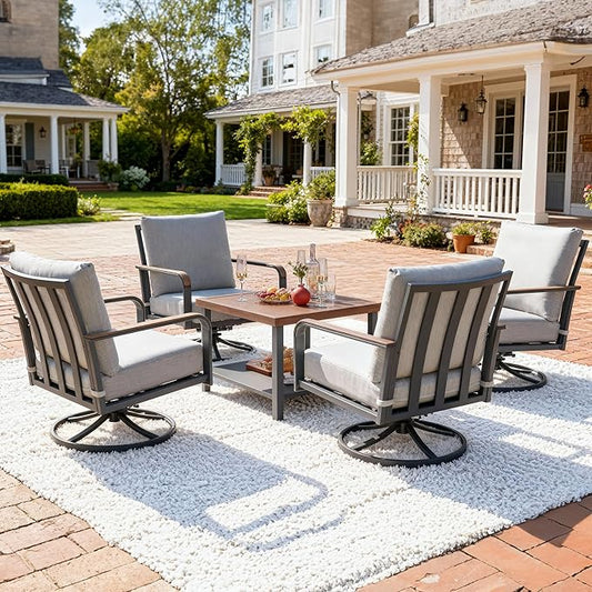 NATURAL EXPRESSIONS 5 Piece Patio Furniture Set, Outdoor Conversation with 4 Pcs Swivel Rocking Chairs and 27" Double-Layer Coffee Table 6" Thick Cushions for Balcony, Backyard, Deck (Light Gray)