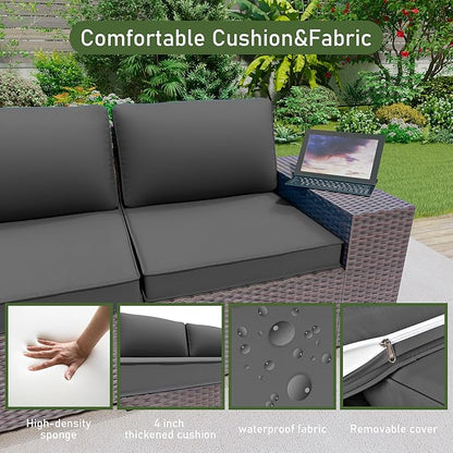 6PCS Outdoor Patio Furniture Set,PE Rattan Wicker Patio Conversation Set with Washable Cushions & Glass Coffee Table,Patio Sectional Furniture Set for Garden, Poolside, Backyard,Grey