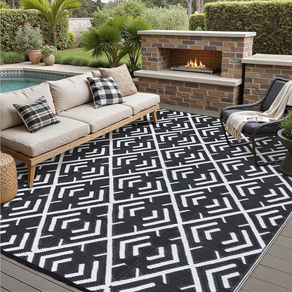 HUGEAR RV Outdoor Rug Waterproof Mat Outdoor Rugs 9'x12' for Patios Clearance Carpet Outdoor Camping Rugs Large Plastic Straw Rug(8x10ft Geometric Black&White)
