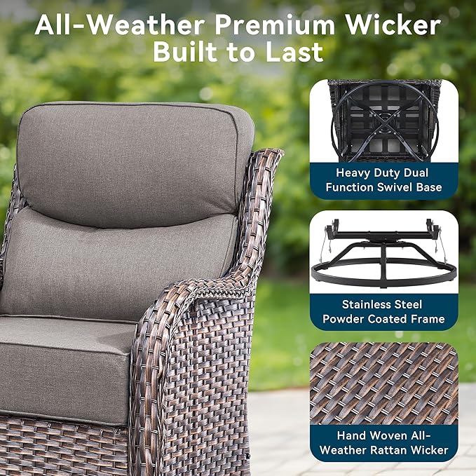 Luxury High Back Outdoor Furniture with 6-Inch Thick Cushions, Patio Furniture Set with Ottomans, 5 PCS Wicker Conversation Set for Porch, Balcony, Deck and Yard