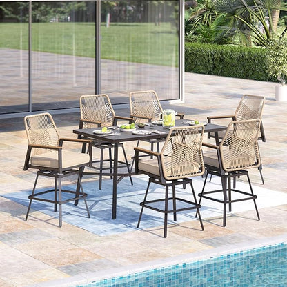 7 Piece Outdoor Bar Set, Swivel Counter Height Bar Stools with 40" Table, Wicker High Top Outdoor Table and Chairs with Cushion, Patio Barstool Set for Porch, Pool and Deck, Beige