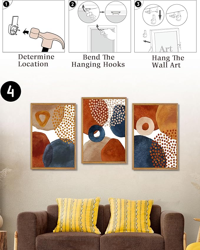 UPWOIGH Large Framed Canvas Wall Art, Set of 3 Watercolor Decor in Navy Blue, Terracotta, Burnt Orange, Beige, 16x24in Minimalist Natural Cotton Posters, Boho Modern Aesthetic for Living Room, Bedroom