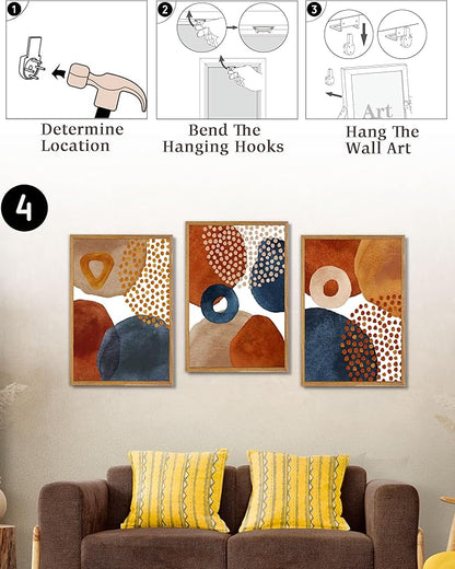 UPWOIGH Large Framed Canvas Wall Art, Set of 3 Watercolor Decor in Navy Blue, Terracotta, Burnt Orange, Beige, 16x24in Minimalist Natural Cotton Posters, Boho Modern Aesthetic for Living Room, Bedroom
