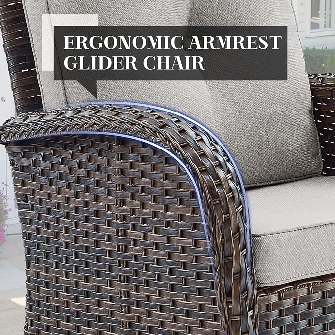 HUMMUH 7-Piece Outdoor Patio Furniture with Fire Pit Set,Wicker Patio Sofa Set Outdoor Rocking Chairs with Ottomans for Backyard,Poolside,Deck