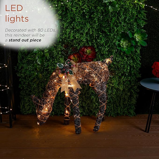 Alpine Corporation 29" Tall Natural Twig Wrapped Rattan Grazing Deer with Warm White LED Lights, Indoor/Outdoor Rustic Holiday Decoration, Brown