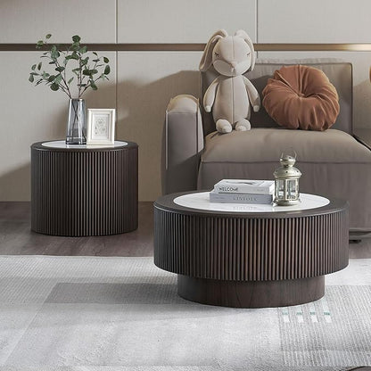 kevinplus Round Faux Marble Side Table Wood End Table for Living Room, Modern Contemporary Embossment Fluted Style, No Assembly (Dark Brown, ø23.62'' x 18.5'')
