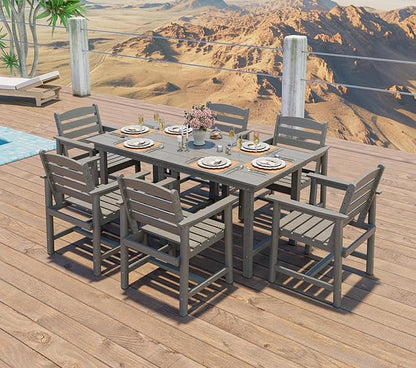 Anbuy Patio HDPE Dining Table Set, 7-Piece Outdoor Dining Table Sets, 2 in 1 Convertible Table and 6 Outdoor Chairs Outdoor All-Weather Furniture Set Gray