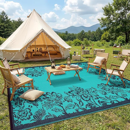Garvee Outdoor Rugs 9' x 12’ Waterproof Reversible Mats, Large Area Plastic Straw Rug, Outside Carpet, Butterfly Floral Rv Mat for Patio Camping Picnic Backyard Deck Balcony Porch Beach Trailer
