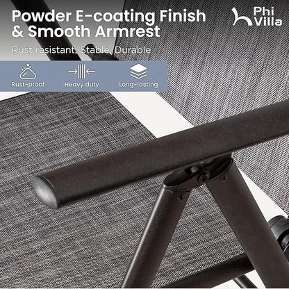 PHI VILLA Outdoor Patio Folding Chairs Set of 2, Portable Patio Dining Chairs with Adjustable Backrest for Outside, Garden, Lawn & Yard, No Assembly, Grey