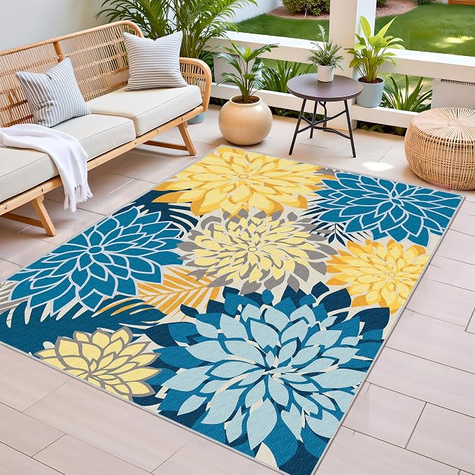 Colorful 4x6 Outdoor Area Rug Washable Rugs Multicolored Patio Rug Tropical Botanical Floral Chenille Outdoor Carpet Non Slip for RV, Pool Deck, Backyard, Porch, Ocean Dahlia
