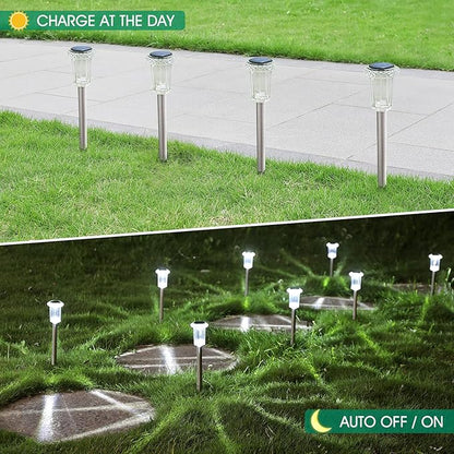 Eyrosa Solar Outdoor Lights, 10 Pack Waterproof Stainless Steel Solar Stake Lights for Pathway Garden Yard Path Walkway Driveway Lawn Patio Outside Decor, Cool White