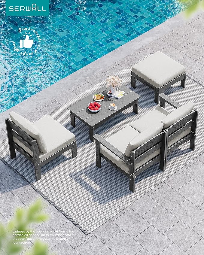 SERWALL 2 Pieces Patio Sofas, HDPE Outdoor Conversation Set with Cushions and Ottoman, Modular Sectional Patio Furniture for Backyard, Deck, Garden, Poolside, Grey Frame with Khaki Cushion