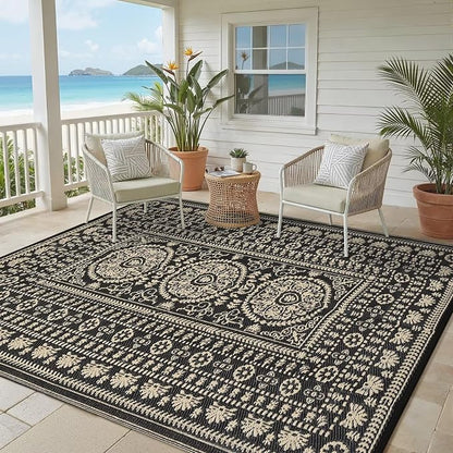 Garvee Reversible Outdoor Rug 6x9 for Patio, Waterproof Outdoor Area Rug, Modern Medallion Indoor Outdoor Rugs, Plastic Straw Rug for RV, Camping, Deck, Vintage Brown